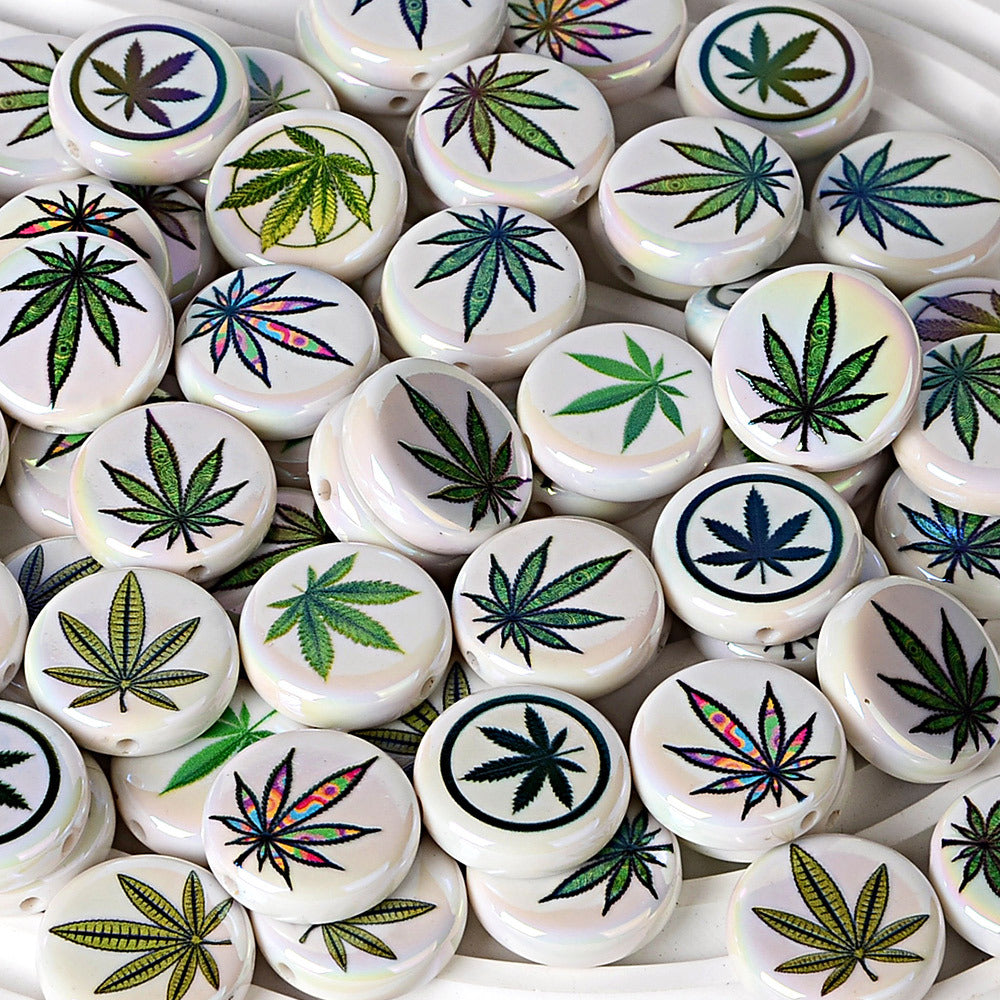 100Pcs acrylic printed hemp leaf round cake beads DIY bead pen mobile phone chain keychain car hanging accessories
