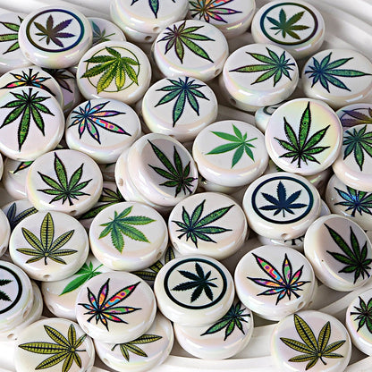 100Pcs acrylic printed hemp leaf round cake beads DIY bead pen mobile phone chain keychain car hanging accessories