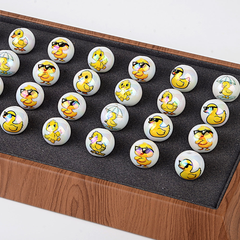 100Pcs acrylic UV plating color printing cartoon small yellow duck through hole round beads DIY handmade beaded mobile phone chain jewelry loose beads