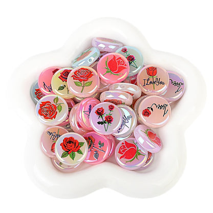 100Pcs Valentine's Day rose printing flat bead disc acrylic plated colored bead mobile phone chain string pen bead DIY accessories material
