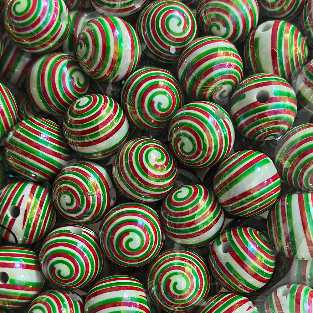 100Pcs 16mm Christmas acrylic printing striped spiral through hole beads DIY bead pen mobile phone chain accessories loose beads