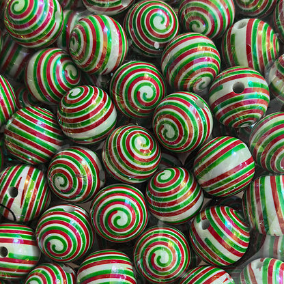 100Pcs 16mm Christmas acrylic printing striped spiral through hole beads DIY bead pen mobile phone chain accessories loose beads
