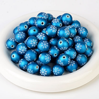 100Pcs matte feel paint Christmas series three-sided printing snowflake straight hole round bead DIY jewelry mobile phone chain bead pen accessories