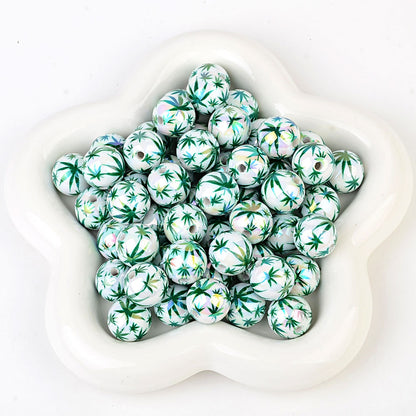 100Pcs color maple leaf printing beads, acrylic through-hole round beads Internet celebrity DIY jewelry accessories, cross-border wholesale
