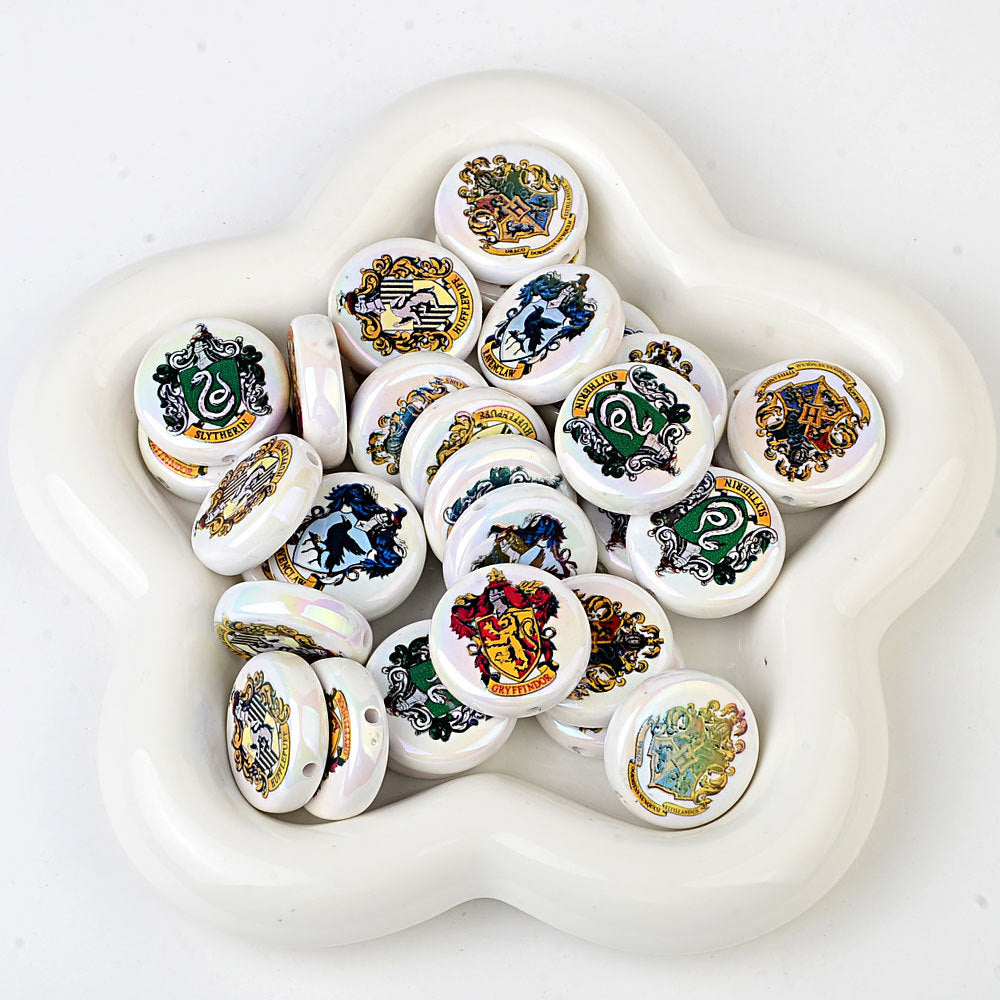 100Pcs Acrylic Plated UV Printed Harry Potter Four Colleges Badge Straight Hole Flat Bead Beaded DIY Jewelry Accessories