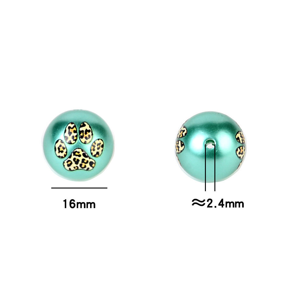 100Pcs 16mm acrylic plated uv leopard pattern plaid printing cat paw printing straight hole round beads DIY handmade loose beads jewelry accessories