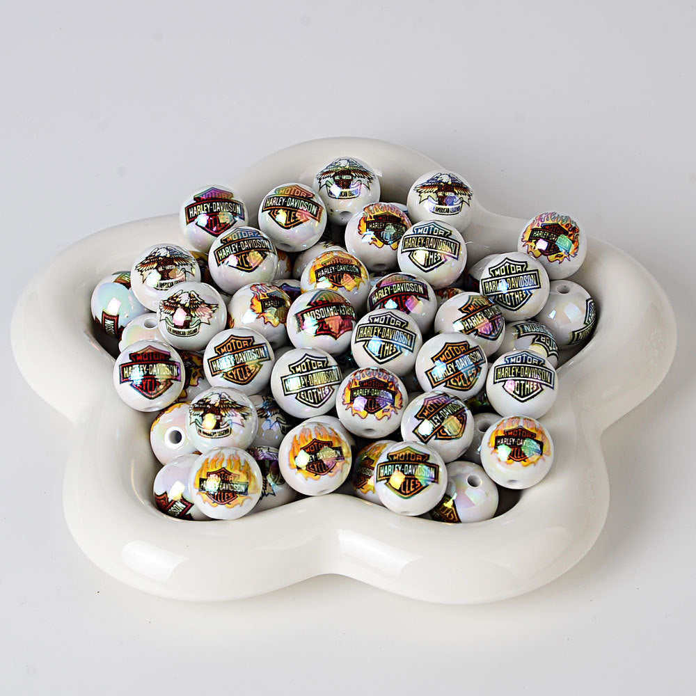 100Pcs 16mm acrylic printed Harley shield straight hole round beads DIY mobile phone chain bead pen hanging accessories