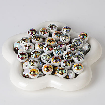 100Pcs 16mm acrylic printed Harley shield straight hole round beads DIY mobile phone chain bead pen hanging accessories