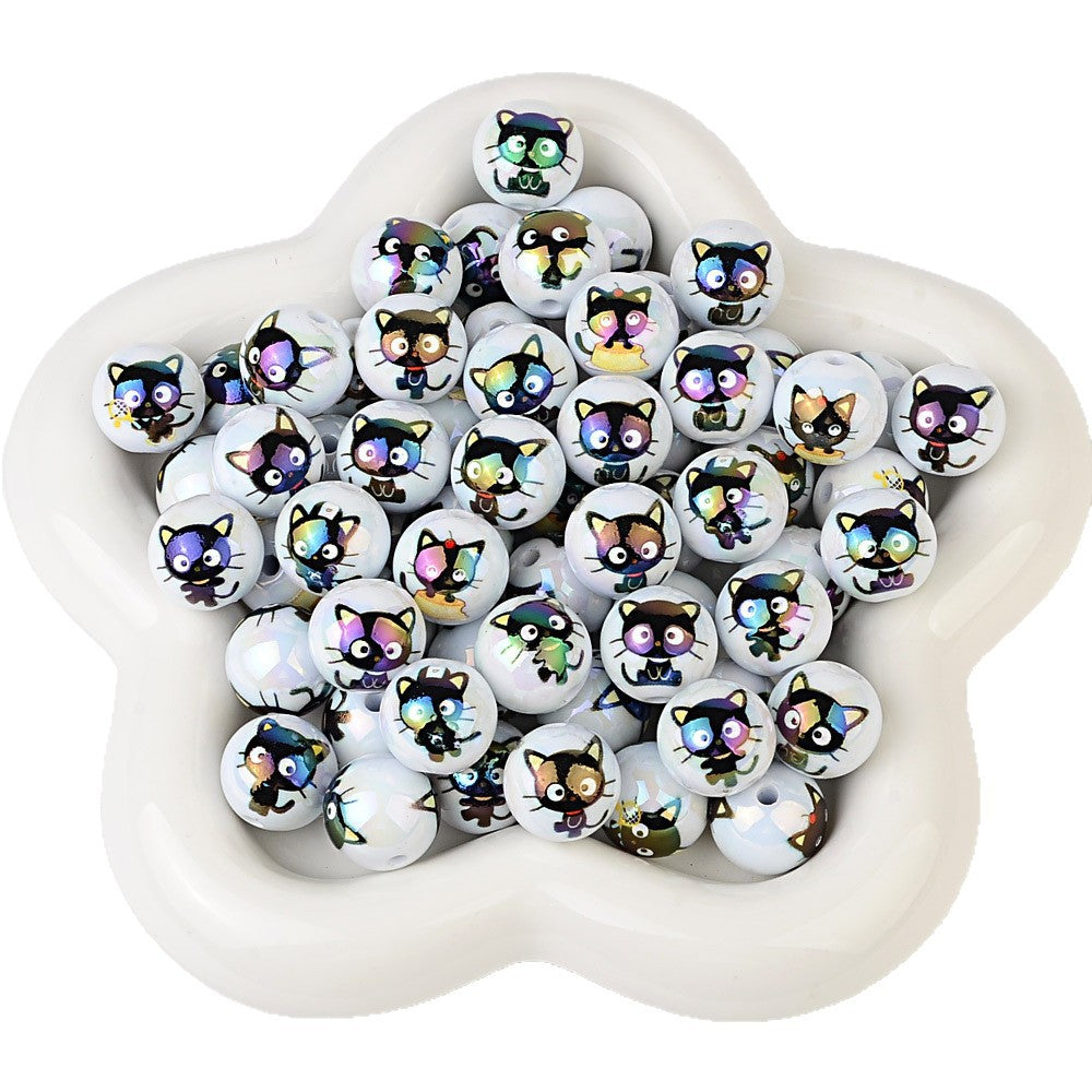 100Pcs 16mm acrylic solid color printing cartoon small black cat straight hole round beads DIY Douyin live broadcast mobile phone rope jewelry beads