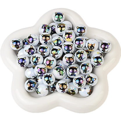 100Pcs 16mm acrylic solid color printing cartoon small black cat straight hole round beads DIY Douyin live broadcast mobile phone rope jewelry beads