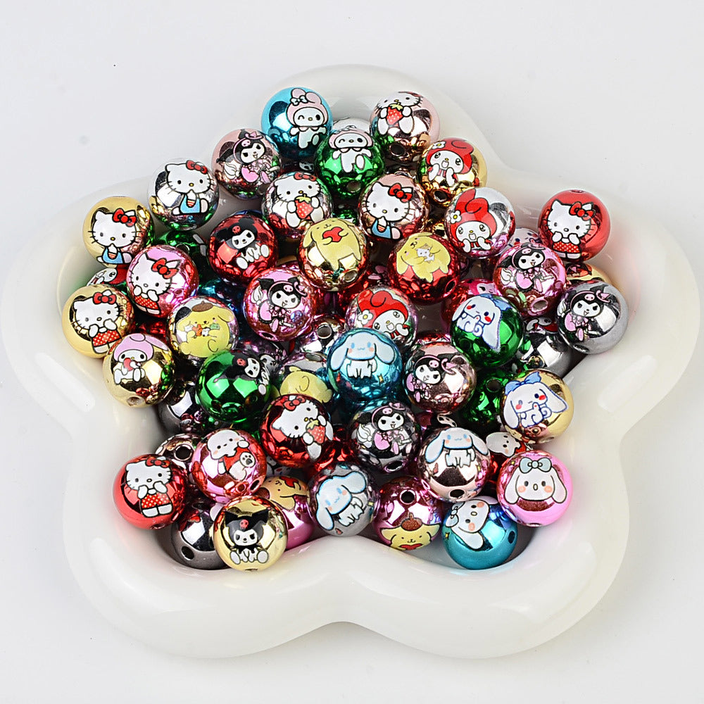 100Pcs printed Sanrio Hello Kitty hallo KT straight hole round beads DIY jewelry loose beads mobile phone chain bead pen accessories