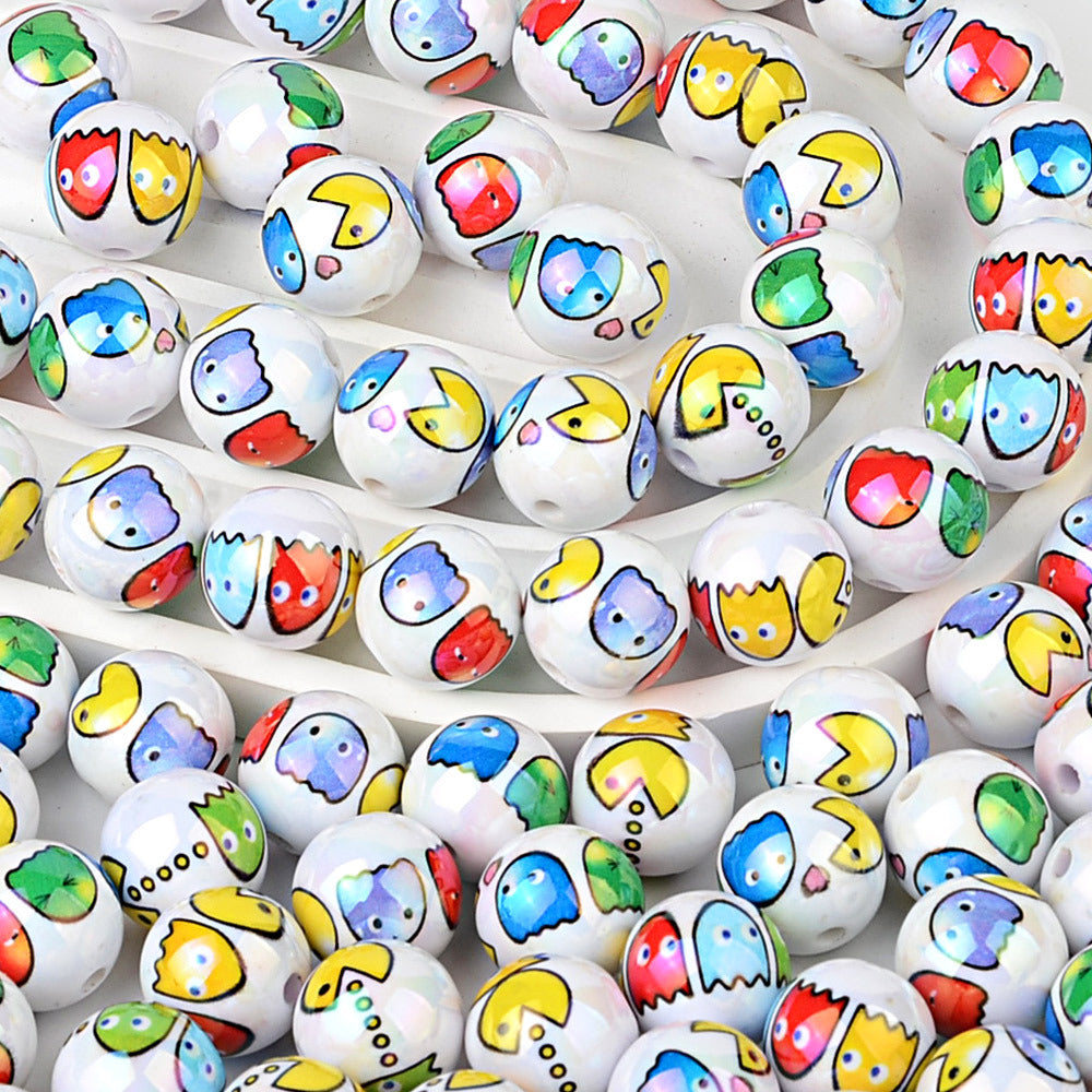 100Pcs 16mm printed Pac-Man cartoon straight hole round beads DIY Douyin live broadcast mobile phone rope keychain pen accessories