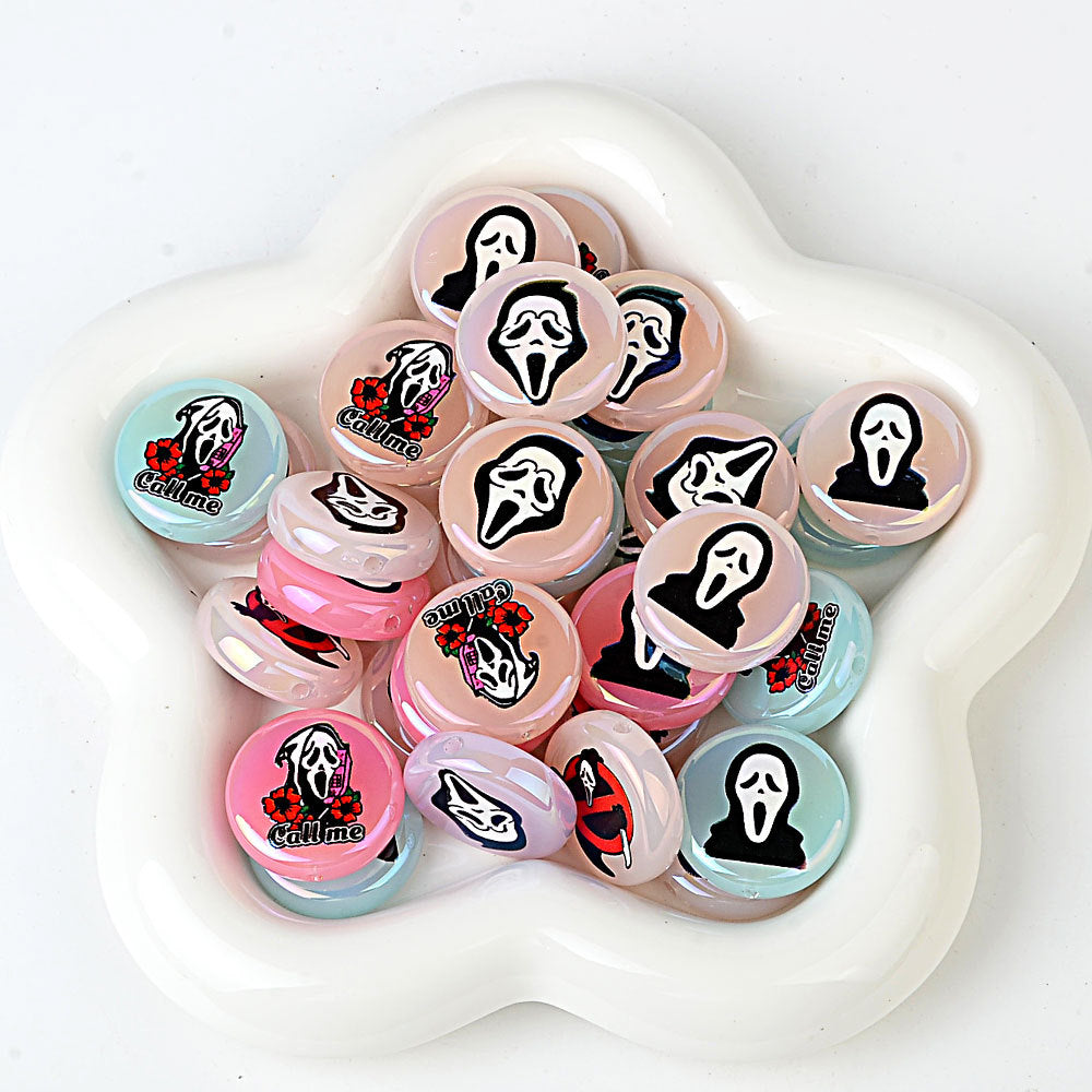 100Pcs 16mm Halloween grimace double-sided printed through-hole round beads DIY bead pen car hanging mobile phone chain loose bead accessories