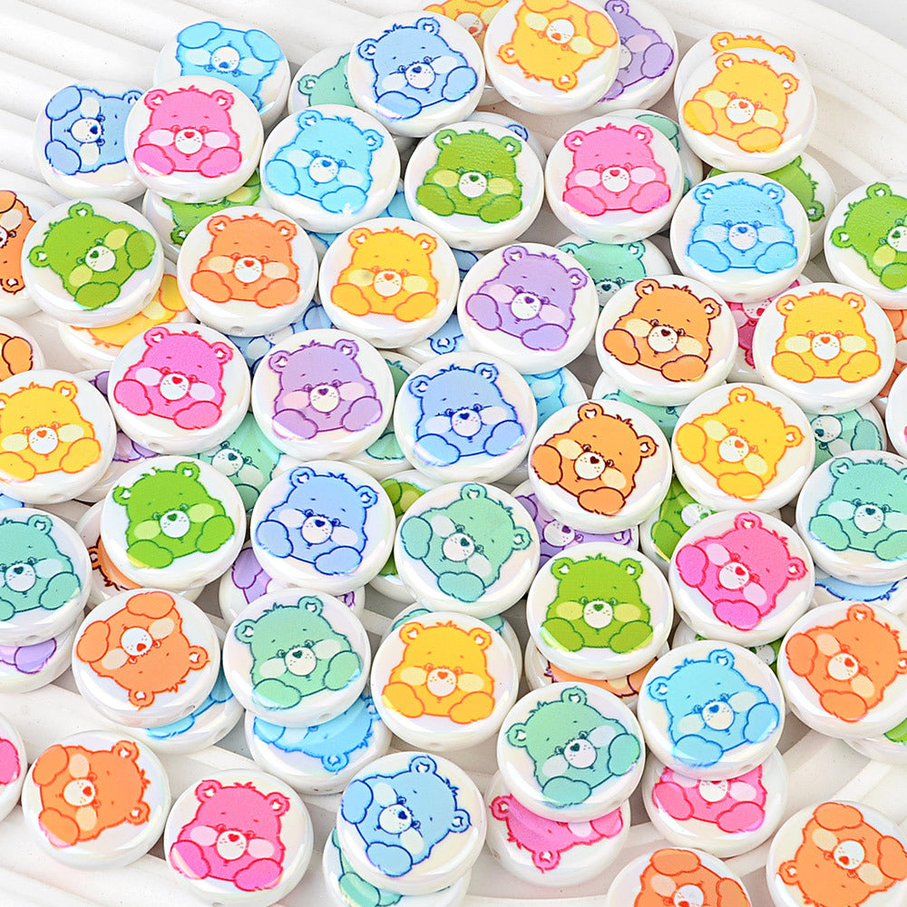 100Pcs Plated Color Printing Love Rainbow Bear Cartoon Round Cake Beaded DIY Pen Mobile Phone Chain Keychain Accessories