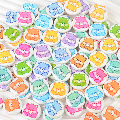 100Pcs Plated Color Printing Love Rainbow Bear Cartoon Round Cake Beaded DIY Pen Mobile Phone Chain Keychain Accessories