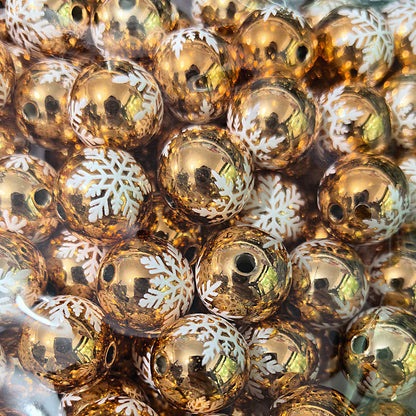 100Pcs 16mm metallic Christmas series snowflake printing round beads DIY handmade beaded loose beads mobile phone chain accessories