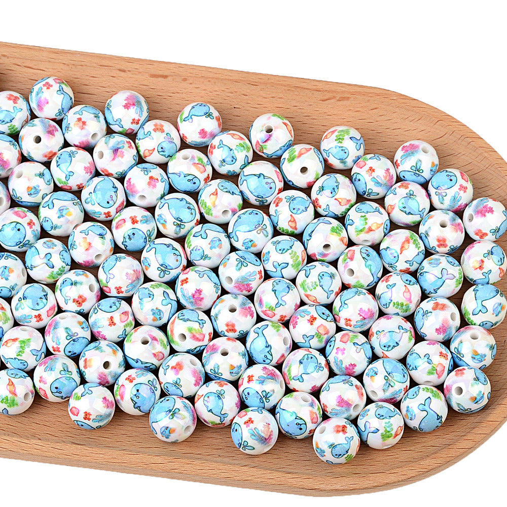 100Pcs 16mm acrylic solid color plating color printing marine biological straight hole round beads DIY mobile phone rope keychain accessories