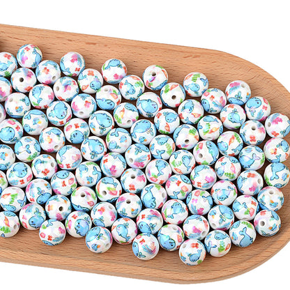 100Pcs 16mm acrylic solid color plating color printing marine biological straight hole round beads DIY mobile phone rope keychain accessories