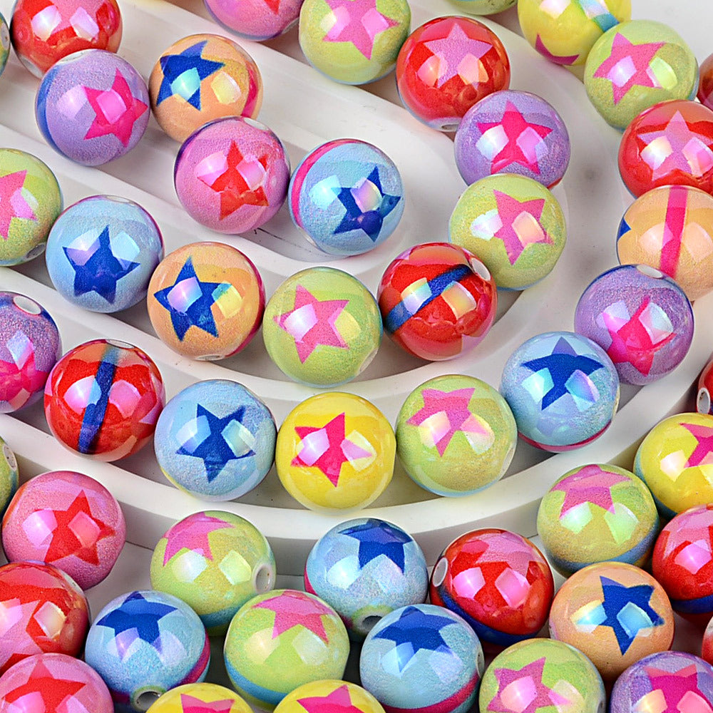 100Pcs UV plated color printing rainbow five-pointed star beaded DIY mobile phone chain beaded pen keychain various jewelry accessories