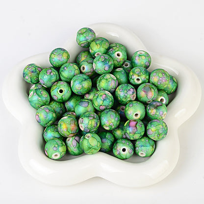 100Pcs acrylic feel gradual change color imitation ceramic flower beads straight hole pattern round beads beaded DIY bracelet necklace jewelry
