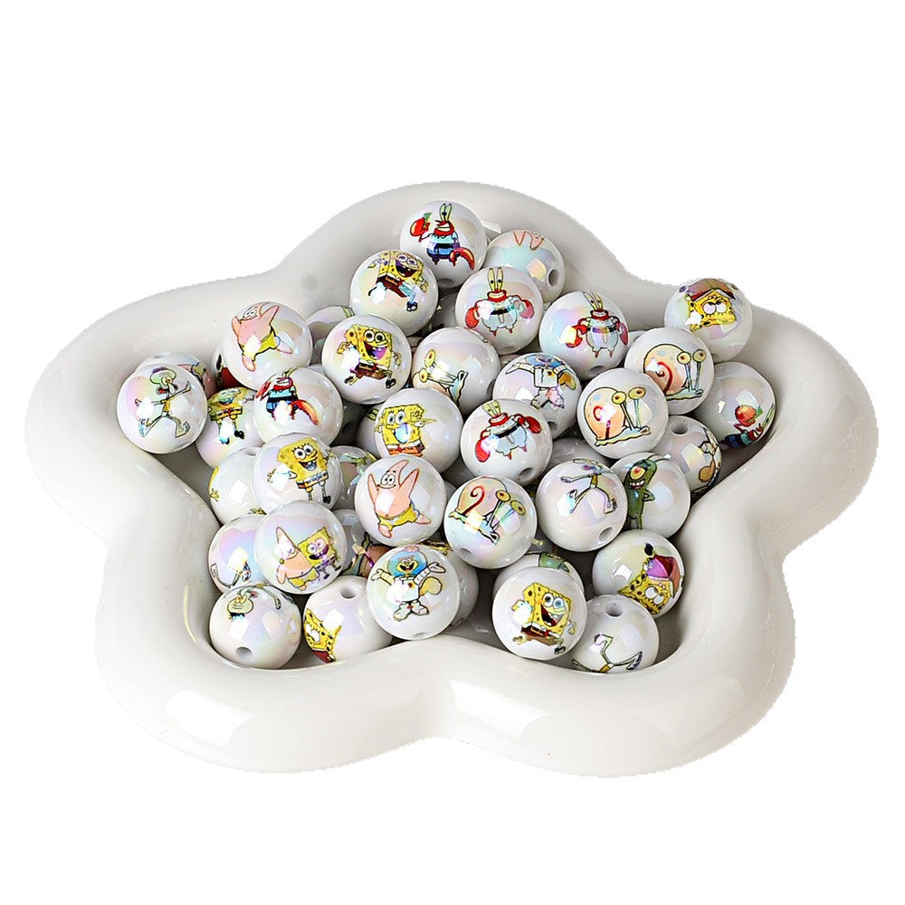100Pcs 16mm acrylic SpongeBob SquarePants double-sided printing straight hole round beads DIY mobile phone rope keychain pen accessories