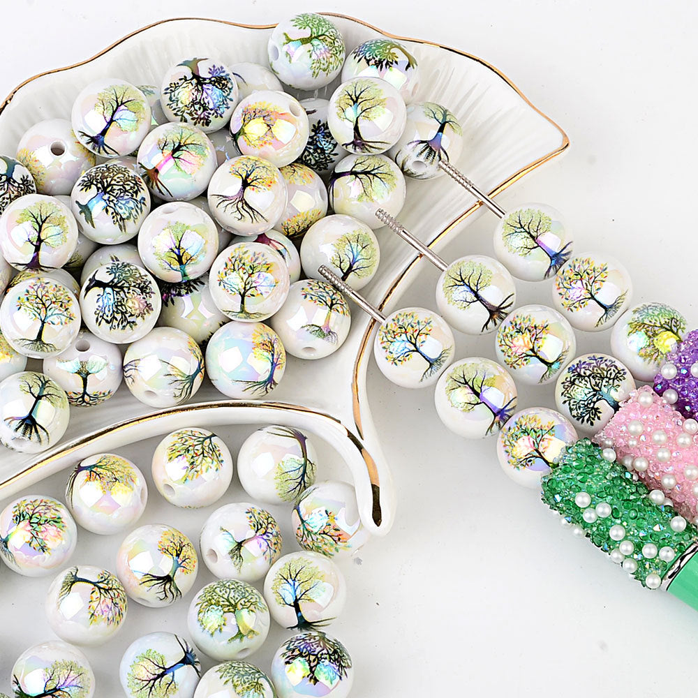 100Pcs Cross-border hot-selling Tree of Life beads Symphony white background tree pattern flat beads Handmade beading material manufacturers wholesale