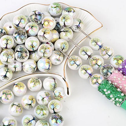 100Pcs Cross-border hot-selling Tree of Life beads Symphony white background tree pattern flat beads Handmade beading material manufacturers wholesale