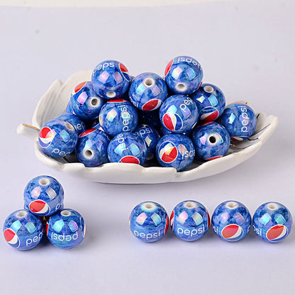 American beverage printed acrylic round bead blue bottom soda mark straight hole loose bead DIY bracelet keychain jewelry
