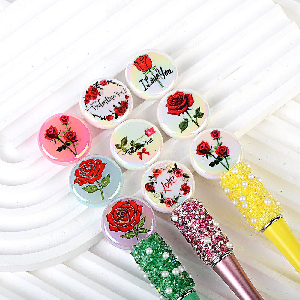 100Pcs Valentine's Day rose printing flat bead disc acrylic plated colored bead mobile phone chain string pen bead DIY accessories material
