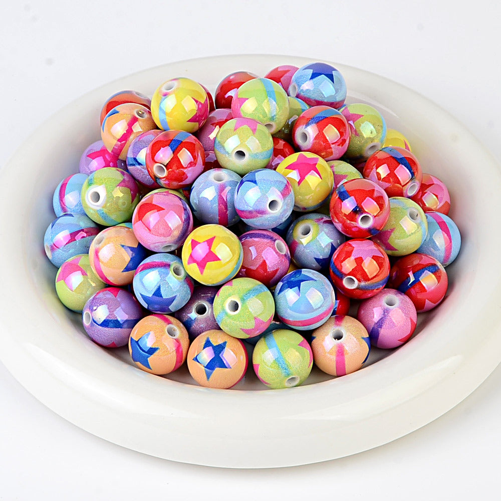 100Pcs UV plated color printing rainbow five-pointed star beaded DIY mobile phone chain beaded pen keychain various jewelry accessories