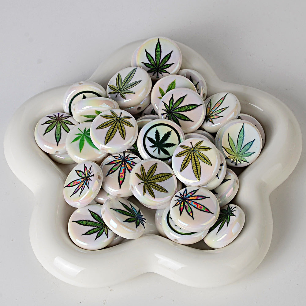 100Pcs acrylic printed hemp leaf round cake beads DIY bead pen mobile phone chain keychain car hanging accessories