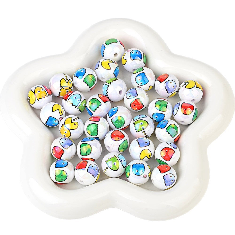 100Pcs 16mm printed Pac-Man cartoon straight hole round beads DIY Douyin live broadcast mobile phone rope keychain pen accessories