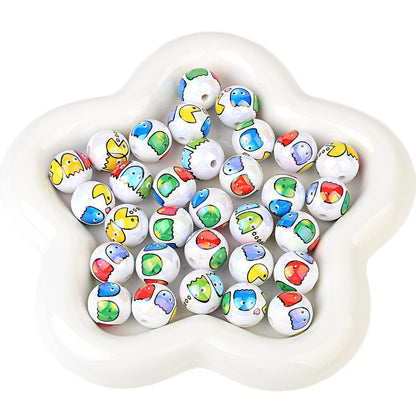 100Pcs 16mm printed Pac-Man cartoon straight hole round beads DIY Douyin live broadcast mobile phone rope keychain pen accessories