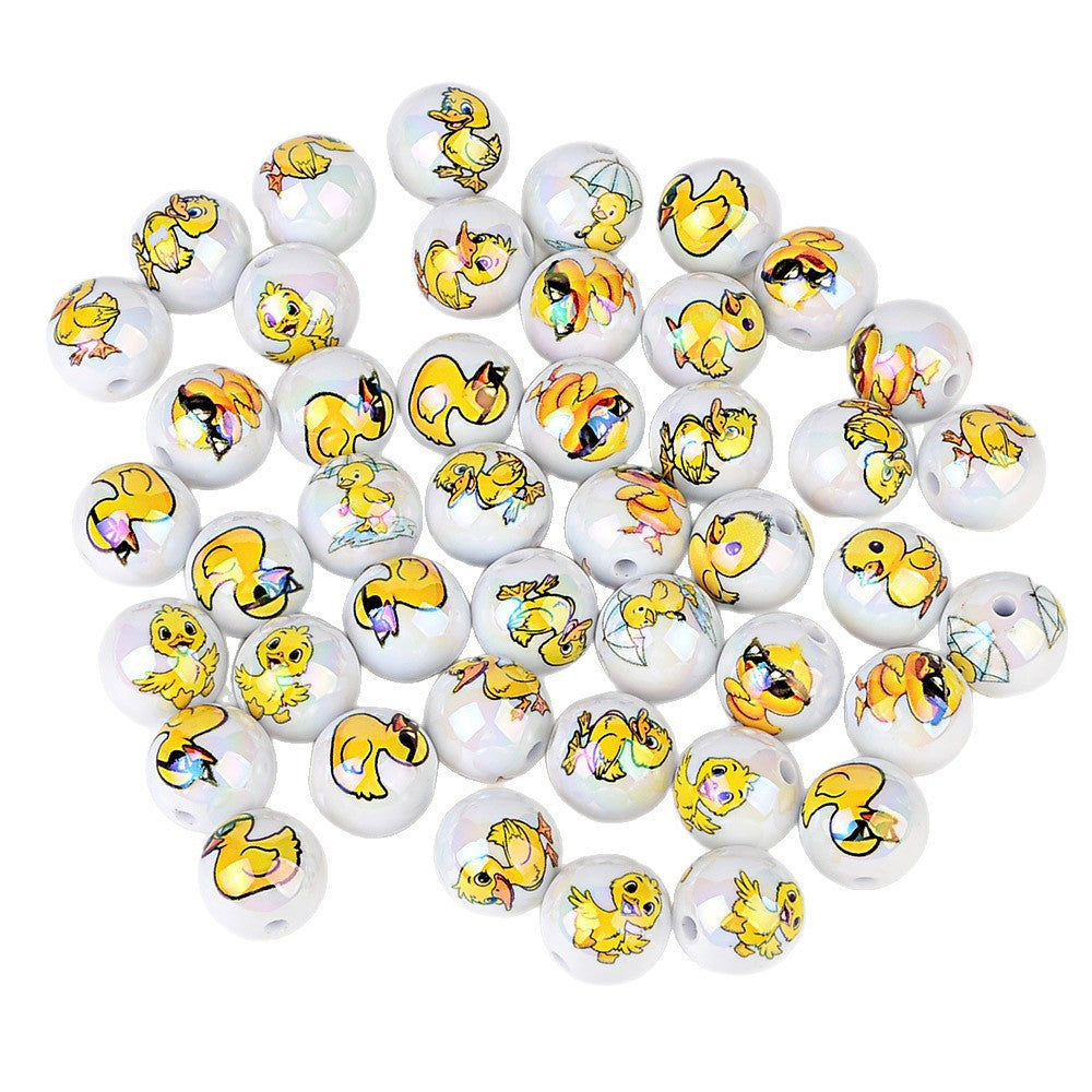 100Pcs acrylic UV plating color printing cartoon small yellow duck through hole round beads DIY handmade beaded mobile phone chain jewelry loose beads