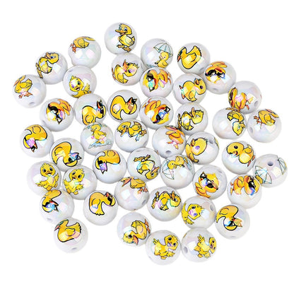 100Pcs acrylic UV plating color printing cartoon small yellow duck through hole round beads DIY handmade beaded mobile phone chain jewelry loose beads