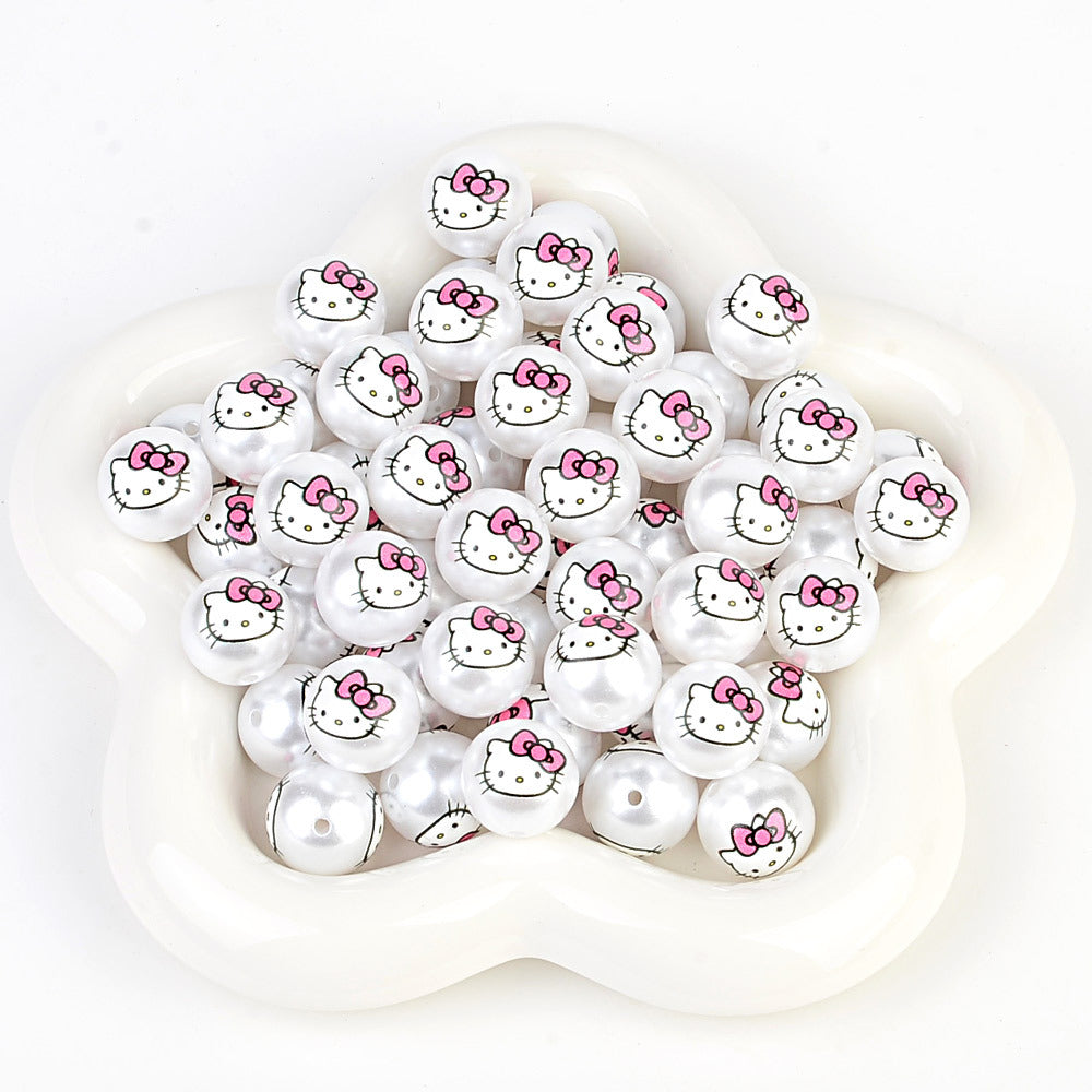 100Pcs printed Sanrio Hello Kitty hallo KT straight hole round beads DIY jewelry loose beads mobile phone chain bead pen accessories