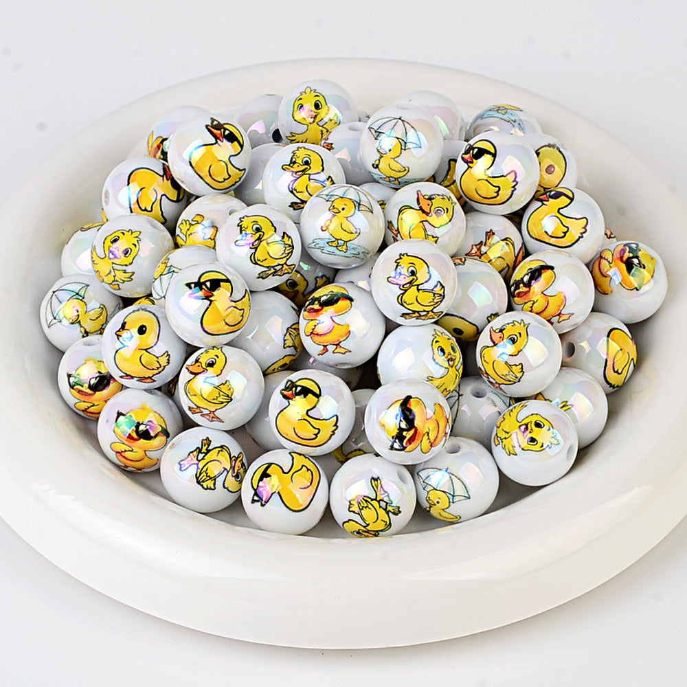 100Pcs acrylic UV plating color printing cartoon small yellow duck through hole round beads DIY handmade beaded mobile phone chain jewelry loose beads