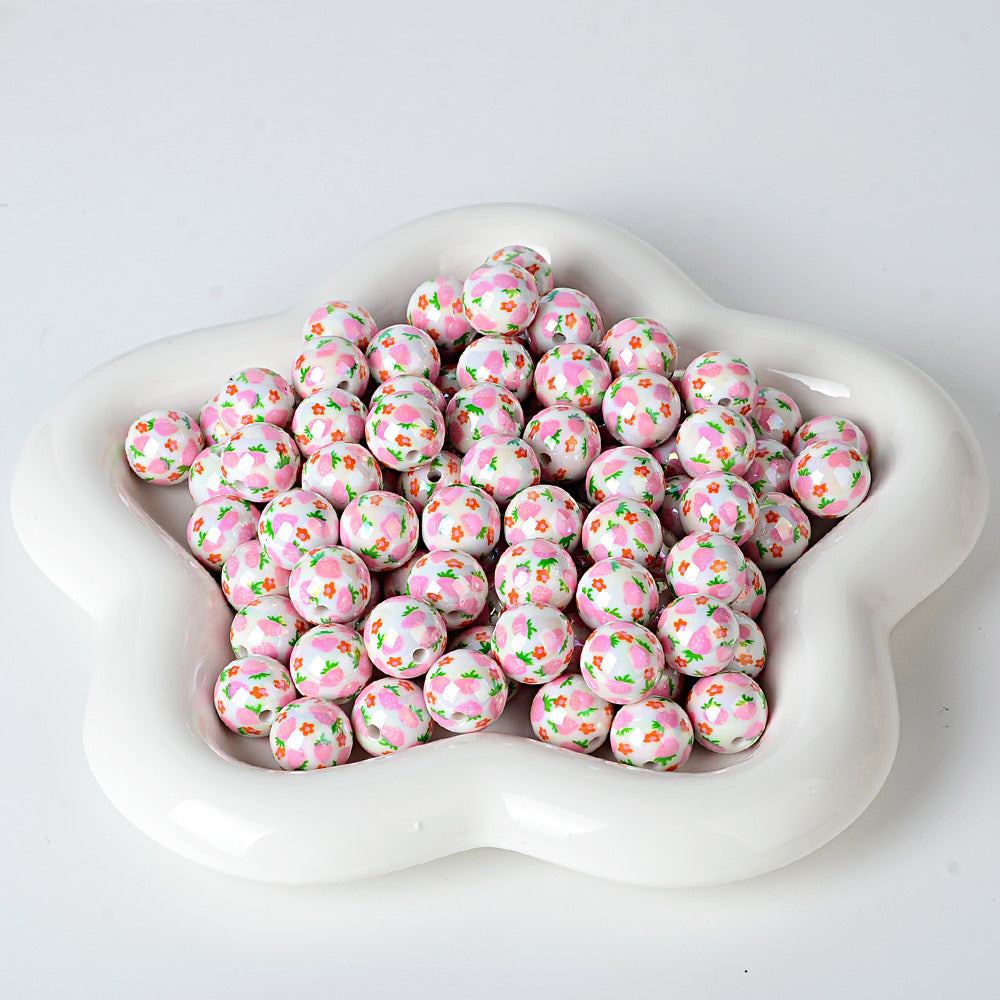 100Pcs 16mm acrylic beaded printed strawberry round beads DIY mobile phone rope keychain accessories jewelry material wholesale
