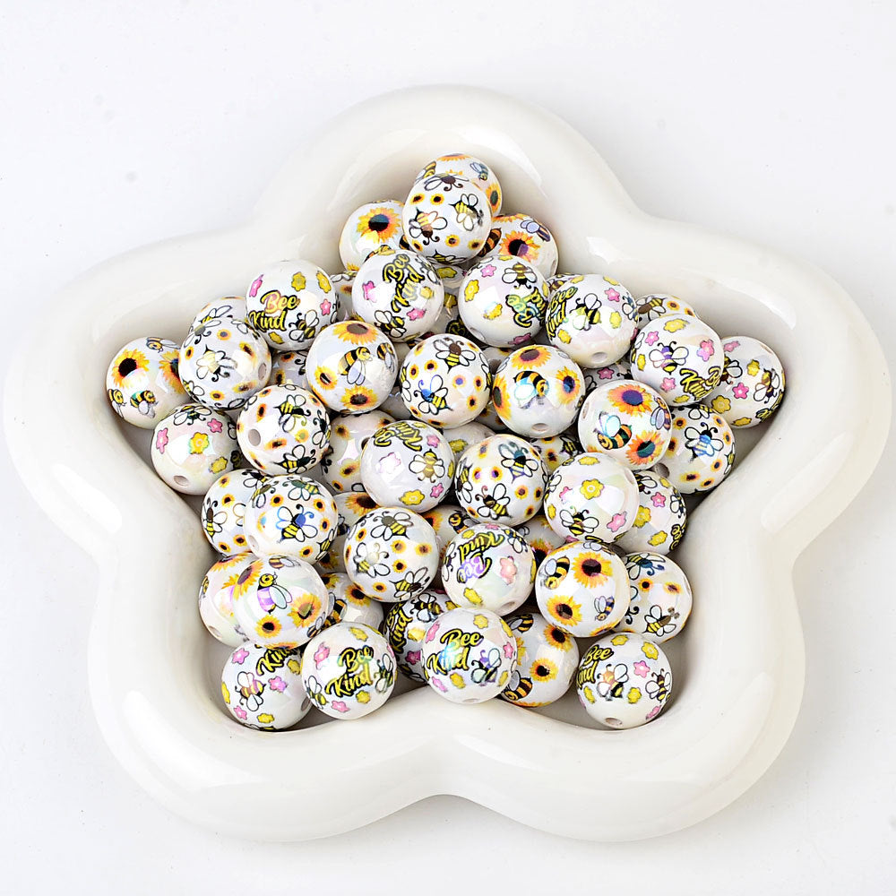 100Pcs acrylic plated cute little bee through hole round beads DIY handmade beaded necklace earrings bracelet accessories loose beads
