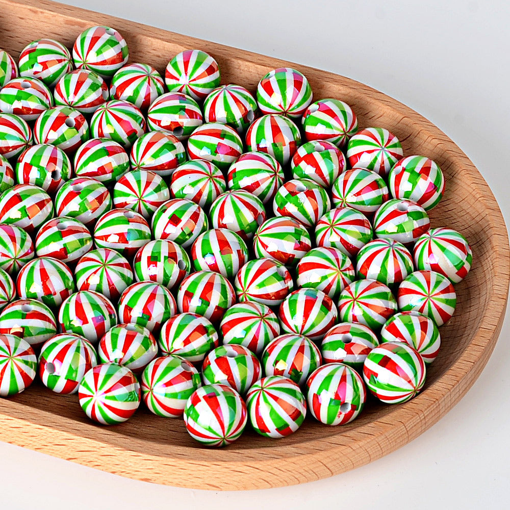 100Pcs 16mm acrylic Christmas color striped printed round beads DIY beaded mobile phone chain keychain loose beads wholesale