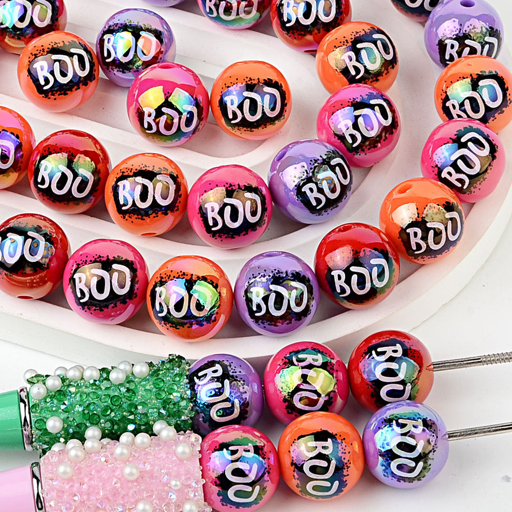 100Pcs 16mm Halloween BOO printed acrylic loose beads decorative round beads handmade DIY bead pen accessories
