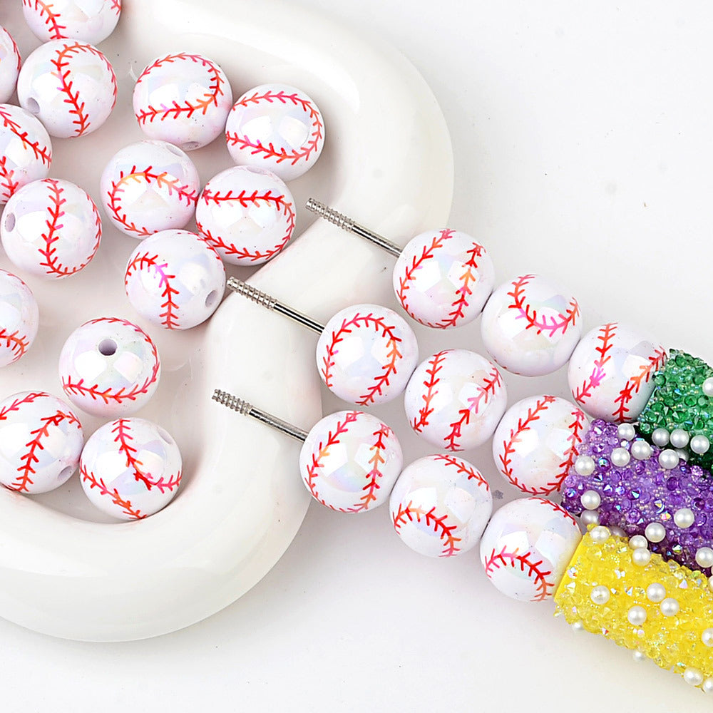 100Pcs 16mm Through Hole Solid Color Printing Baseball Acrylic Beaded DIY Mobile Phone Chain Keychain Accessories
