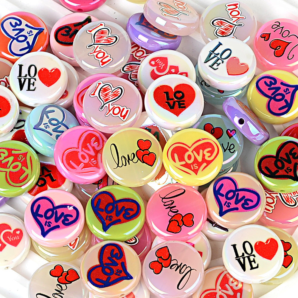 100Pcs acrylic plated Valentine's Day love love printing straight hole round cake beads DIY bead pen jewelry accessories material