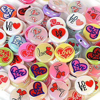 100Pcs acrylic plated Valentine's Day love love printing straight hole round cake beads DIY bead pen jewelry accessories material