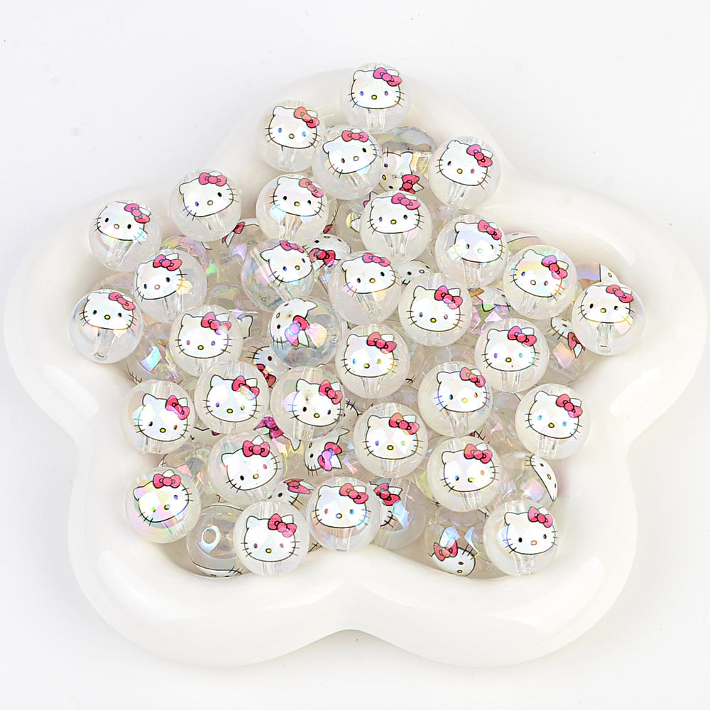 100Pcs printed Sanrio Hello Kitty hallo KT straight hole round beads DIY jewelry loose beads mobile phone chain bead pen accessories