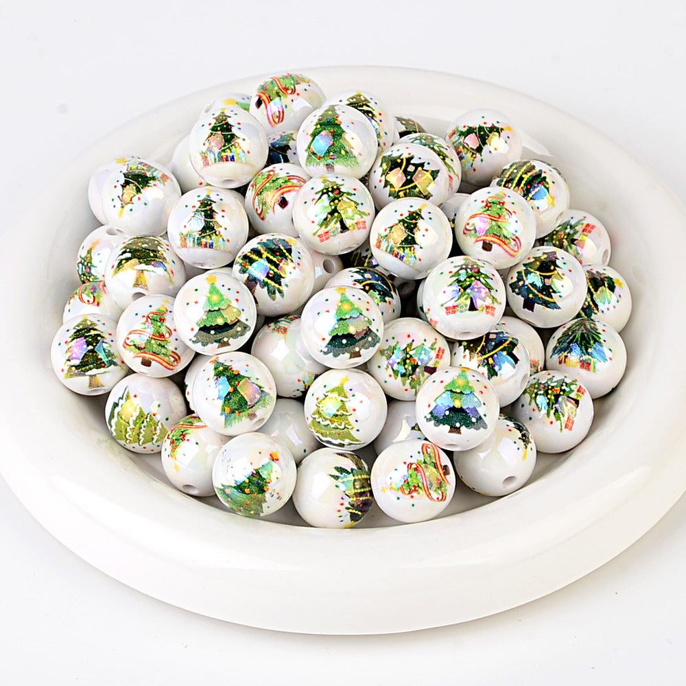 100Pcs Christmas elements printed round beads Santa Claus Christmas tree gingerbread man various acrylic beaded ornaments wholesale