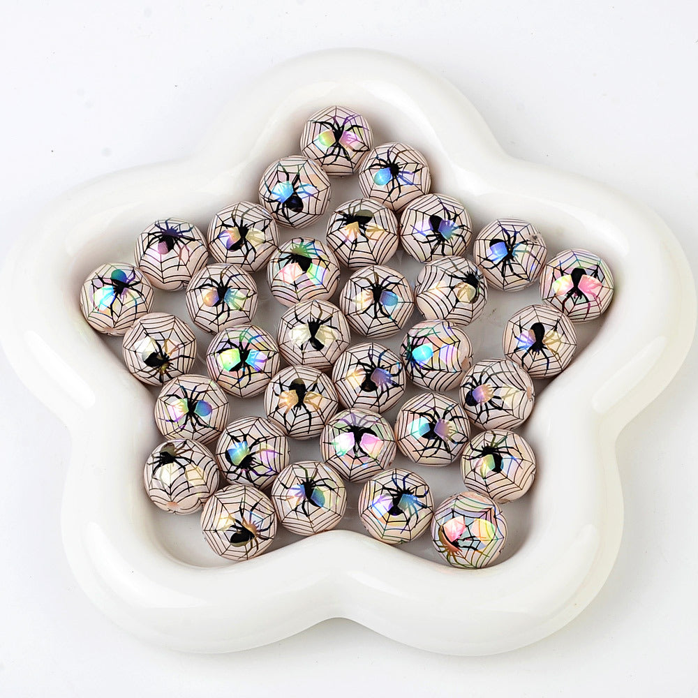 100Pcs 16mm acrylic plated Halloween theme spider straight hole round beads DIY mobile phone chain keychain accessories