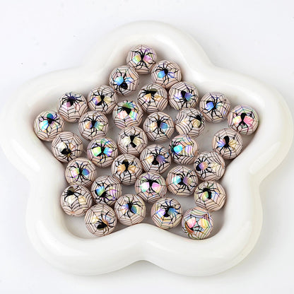 100Pcs 16mm acrylic plated Halloween theme spider straight hole round beads DIY mobile phone chain keychain accessories