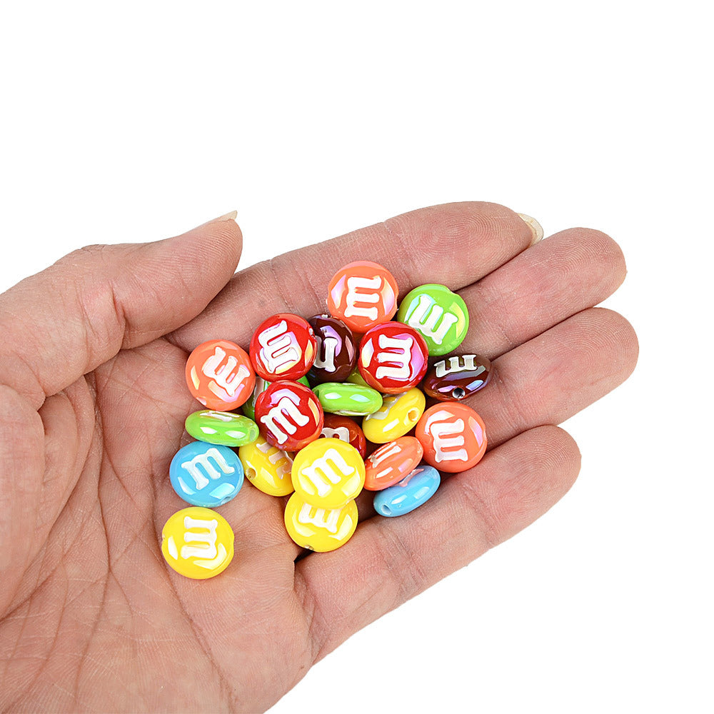 100Pcs cross-border popular 14mm acrylic mixed color M bean flat bead beaded DIY mobile phone chain keychain material jewelry
