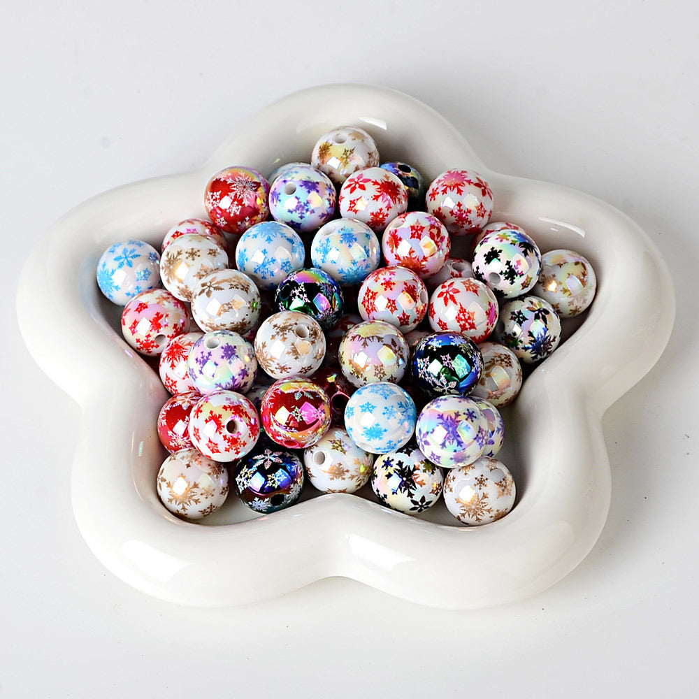 100Pcs 16mm acrylic UV plated color Christmas snowflake printing beads DIY round bead bead pen car hanging mobile phone chain accessories